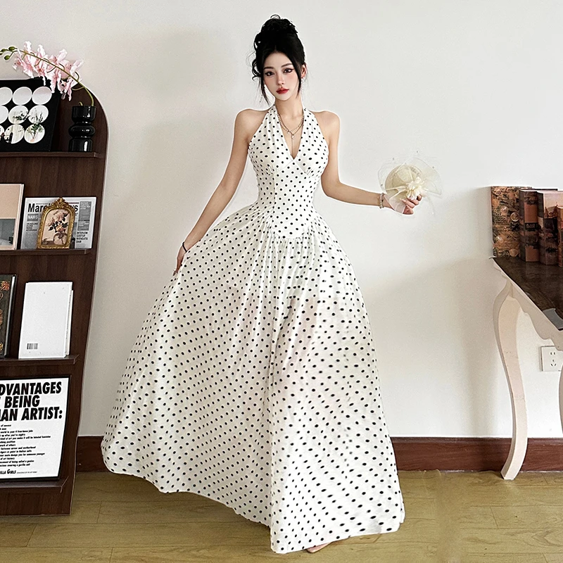 Malou 浪漫罗马假日复古波点掐腰修身V领显瘦网纱连衣裙K25D64688