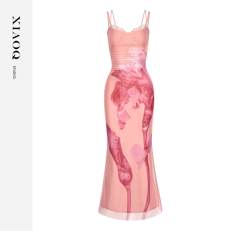 【小Q家】76584气质印花夏季吊带鱼尾连衣裙