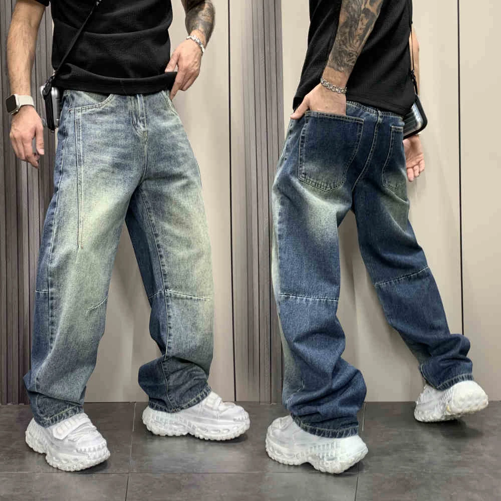 2025秋季新款休闲韩版牛仔裤蓝色水洗渐变潮流宽松直筒做旧直筒裤