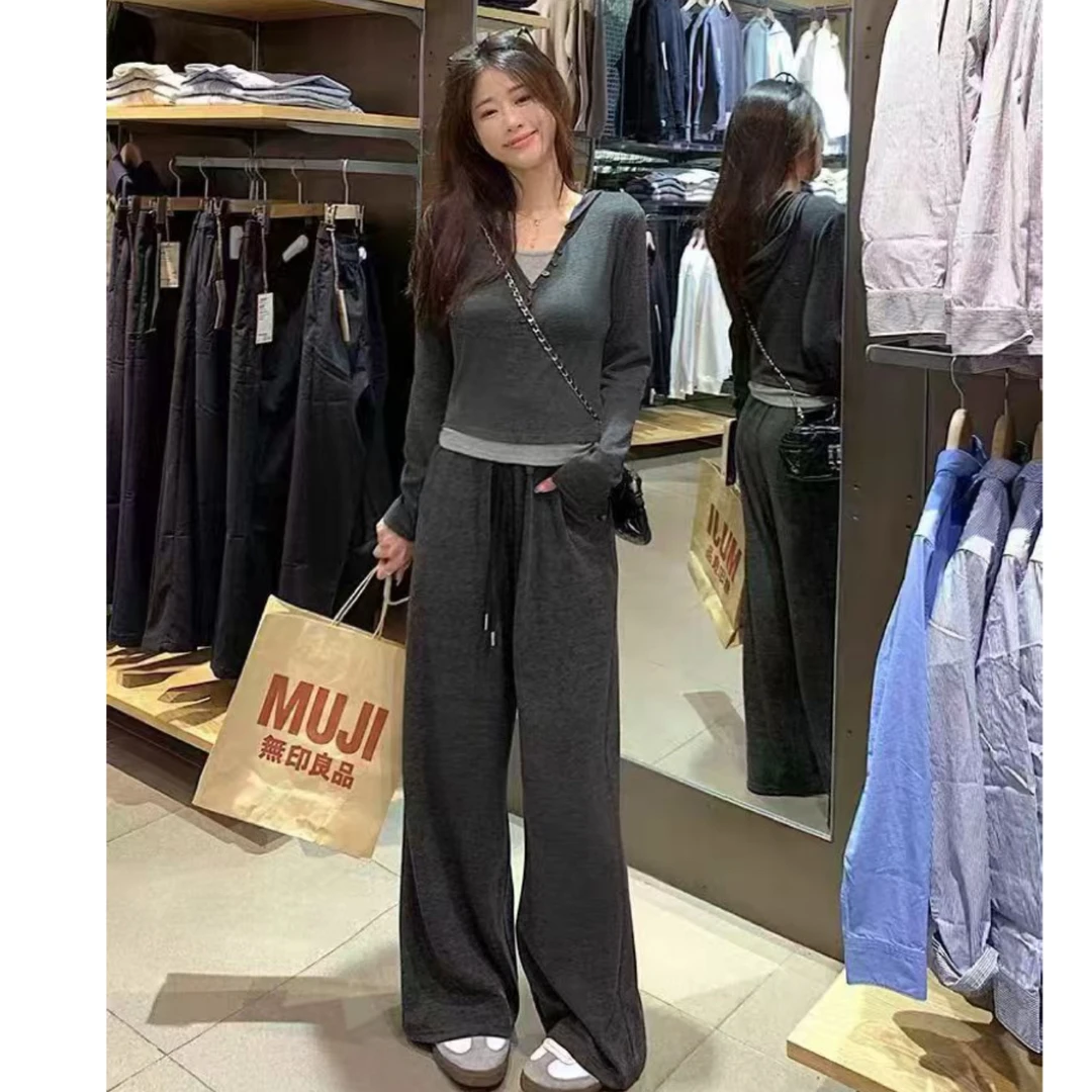 秋季新款胖妹妹女士休闲显瘦运动上衣阔腿裤时尚减龄套装