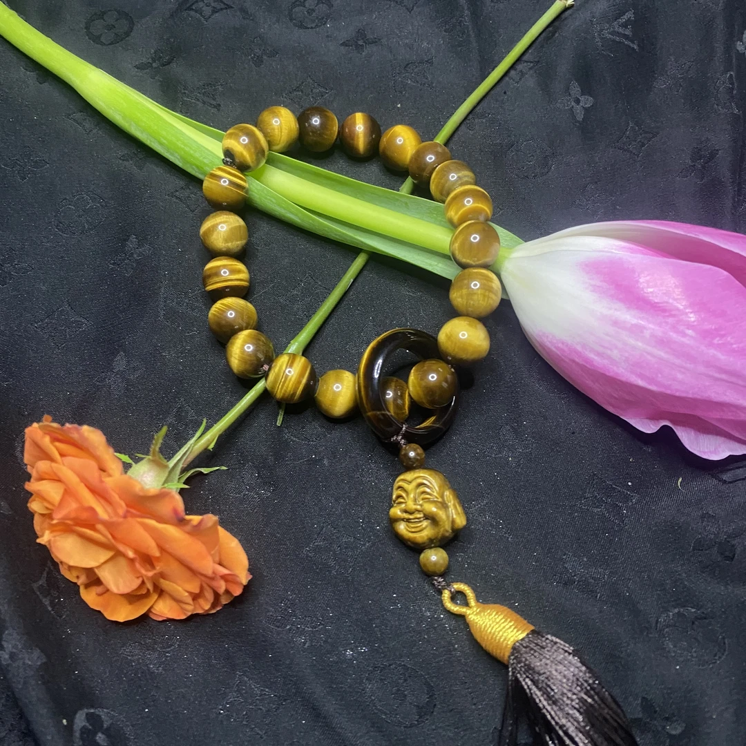 【玉合缘】天然黄虎眼虎睛石带佛头跑环文玩手持手串多样性发一1055