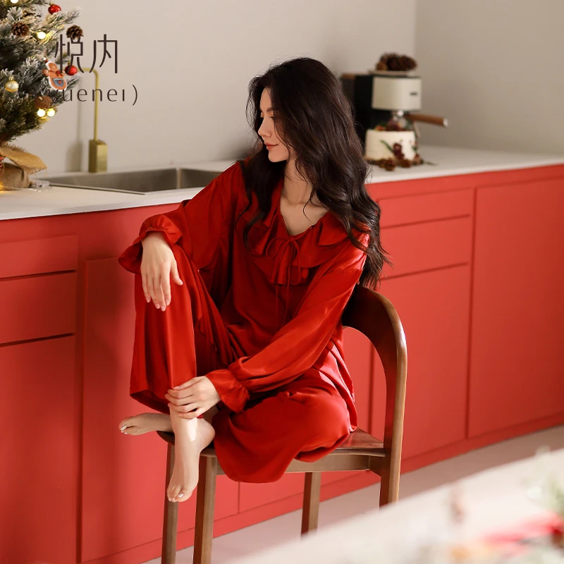 悦内【冰丝】春秋款长袖冰丝绸女士家居服大红色本年马年新婚睡衣