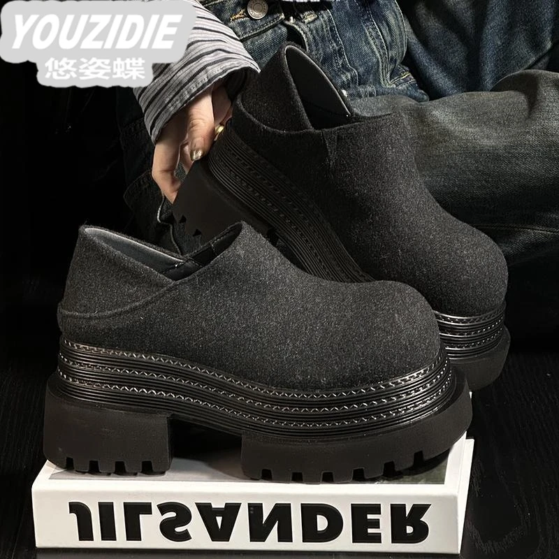 欧货金丝绒松糕厚底勃肯鞋女复古大头鞋百搭小个子增高休闲乐福鞋