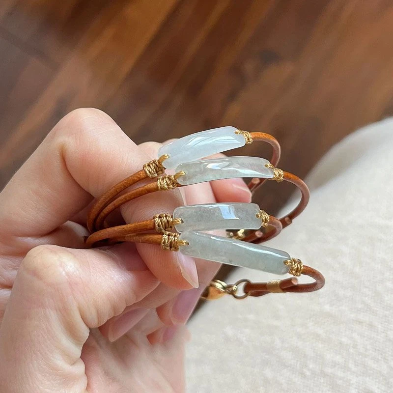 铜合金手链 翠绿石棕色牛皮编绳手链女款diy自制国风手绳新中式