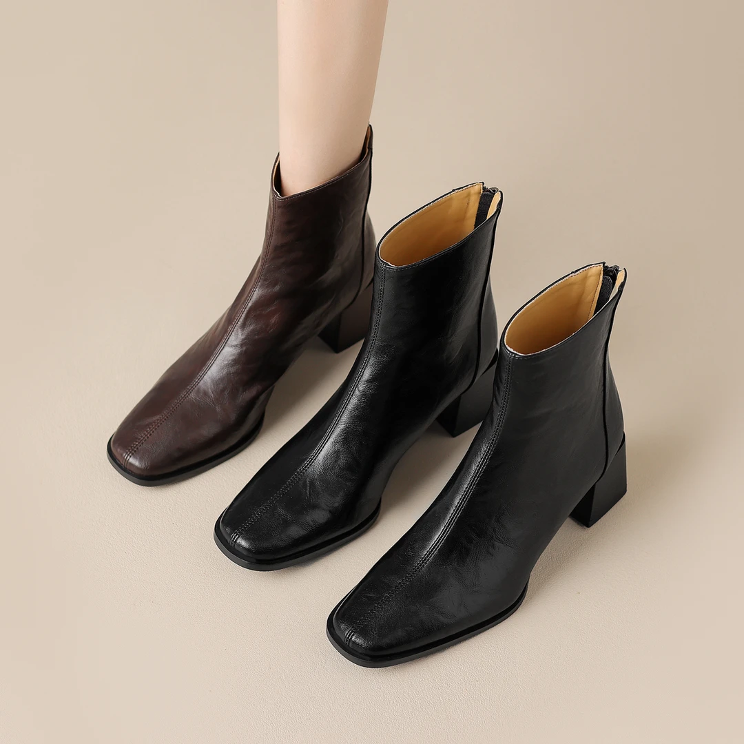 【跟高5cm】新款真皮百搭方头高跟短靴弹力靴女粗跟瘦瘦靴显瘦秋冬