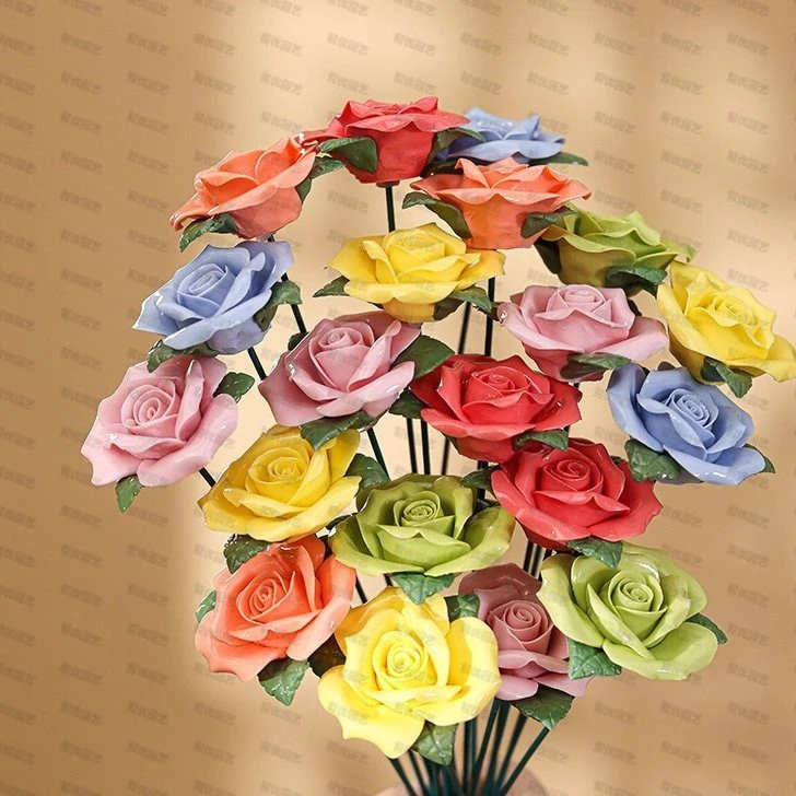 国潮仿真花手工玫瑰客厅餐桌装饰摆件工艺品插家居婚庆高档陶瓷花