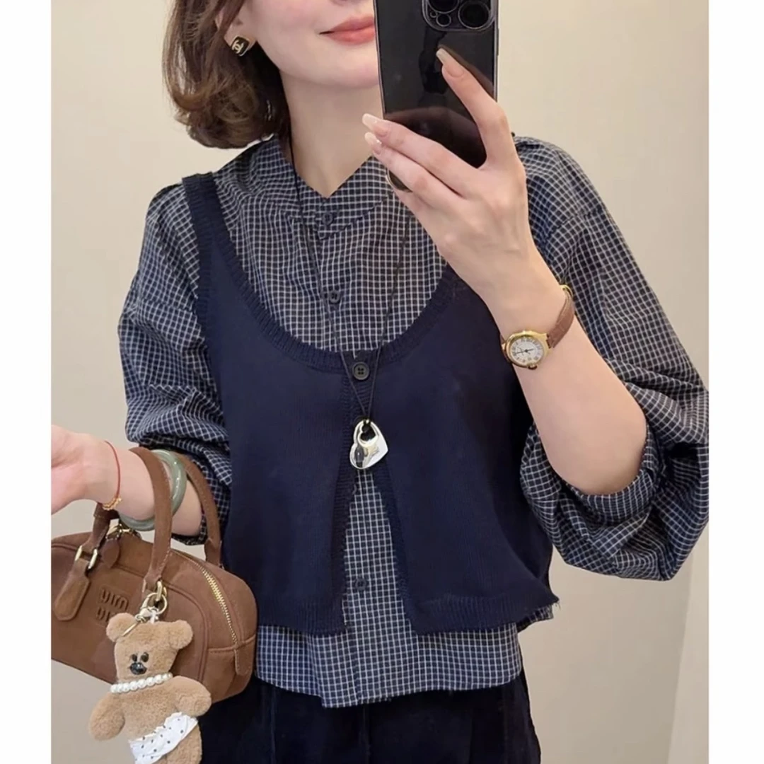 老赵服饰  韩版宽松休闲两件套上衣（针织背心+格子衬衫）21AU3899