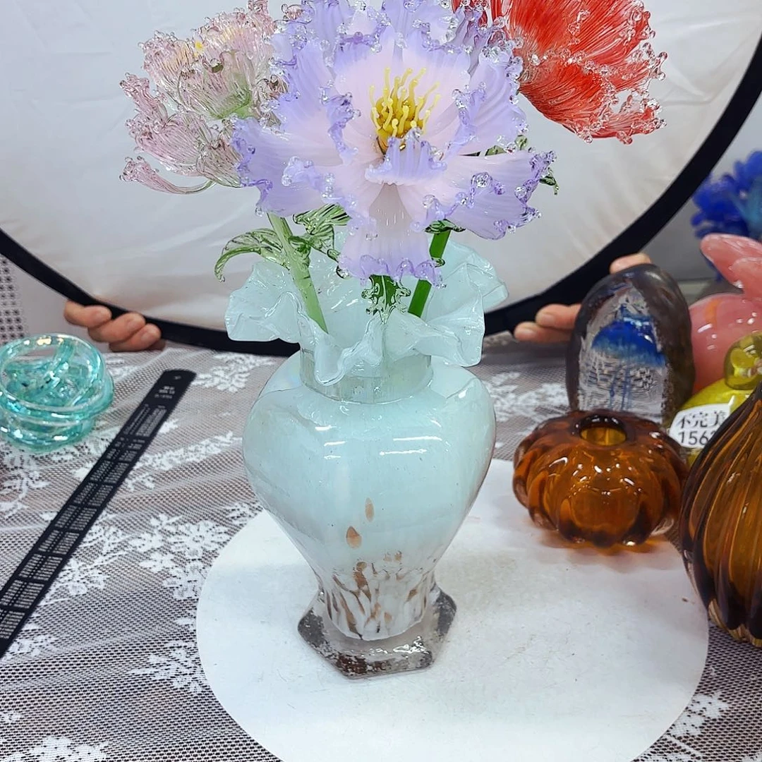 牡丹花3朵，送瓶琉璃花瓶花器艺术品