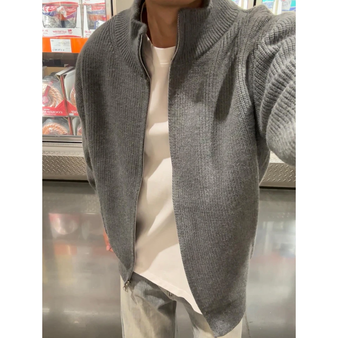 灰色高领开衫毛衣男款秋季内搭线衣夹克cleanfit美式针织衫外套潮