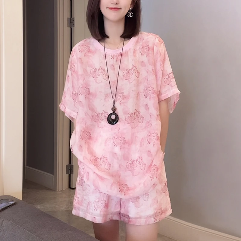 2025夏季新款女亚麻套装时尚洋气上衣短裤宽松遮肉显瘦减龄两件套