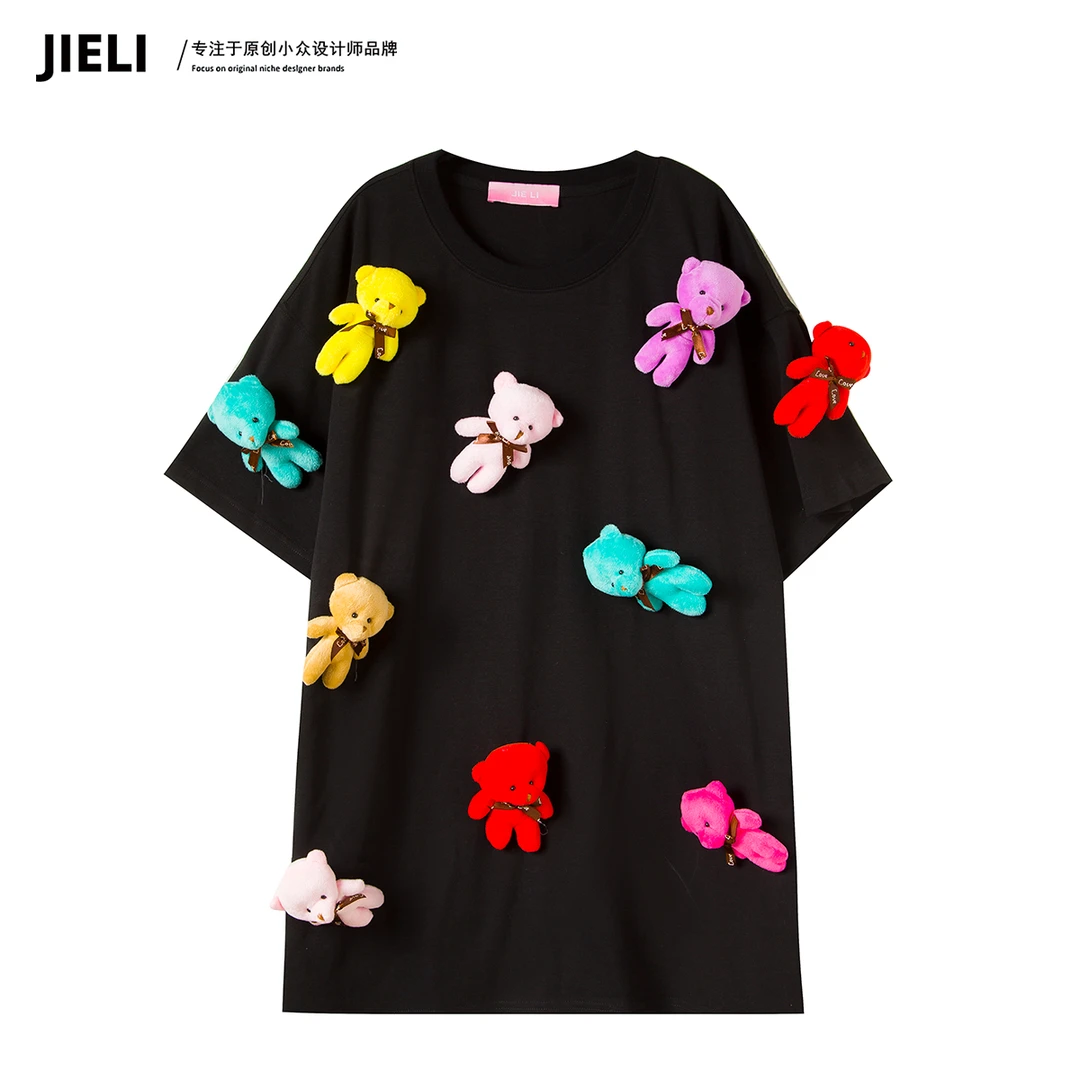 JIE LI/街力设计师高级感夏季中长款显瘦休闲小熊短袖T恤女W1172