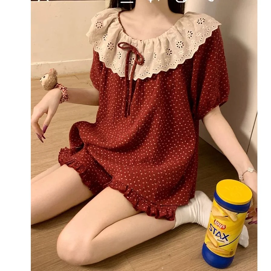 韩版甜美睡衣女蕾丝花边领红色碎花气质公主风短袖短裤家居服套装