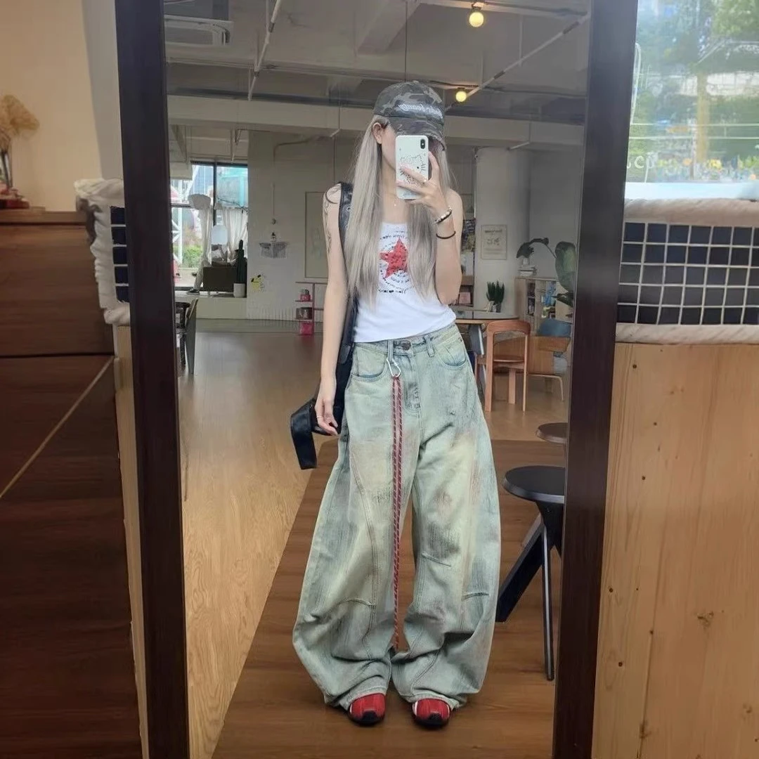 【现货+运费险+送挂绳】小众复古废土风泥染做脏弯刀牛仔裤女美式