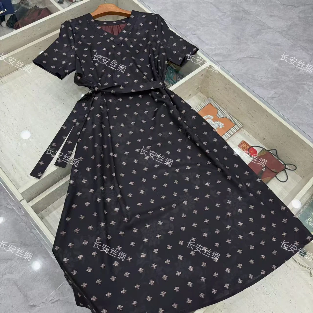 新中式国风V领小蜜蜂花罗香云纱系腰带显瘦连衣裙女FY5081201
