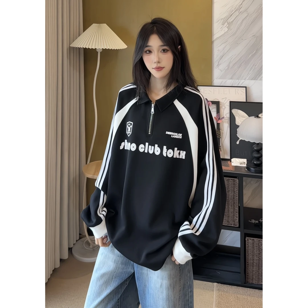 H-75美式球衣风半拉链卫衣男秋季印花撞色拼接翻领潮牌赛车polo衫