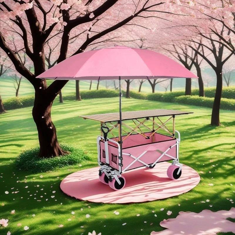 粉色露营车摆摊小推车折叠便携户外露营摆摊必备