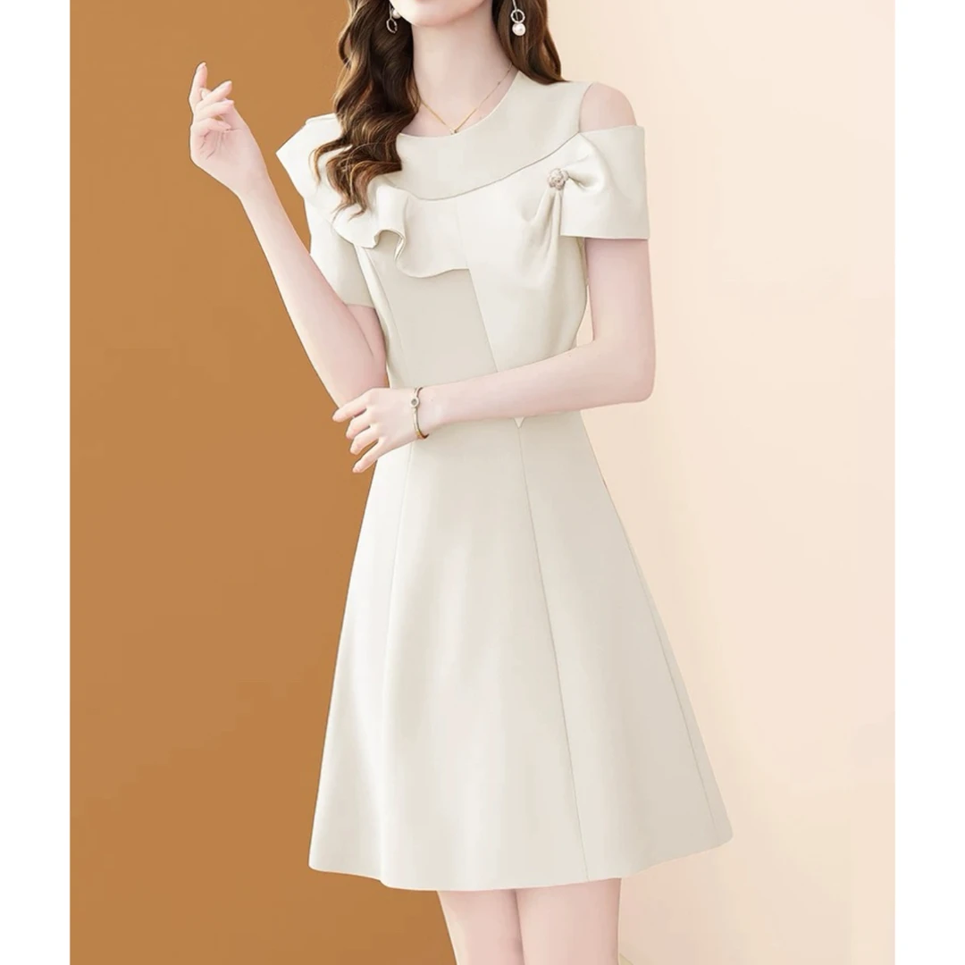 南油夏款清货：看直播回放-荷叶边露肩收腰显瘦气质连衣裙SH203