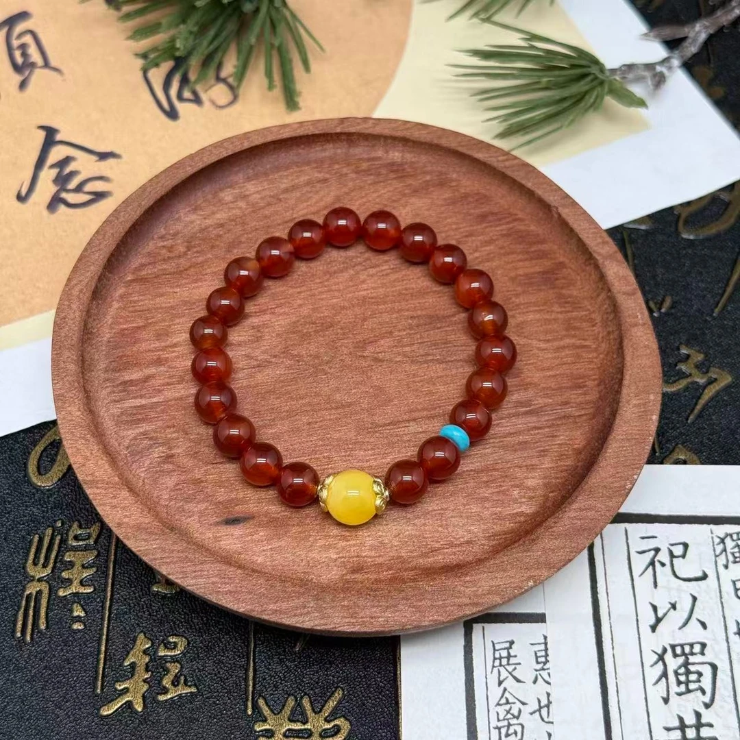 天然玛瑙红玛瑙配蜜蜡顶珠手链多样性发—HHMN8090