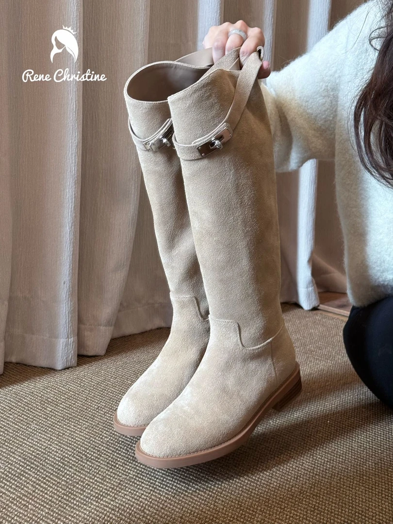 ReneChristine【经典凯莉扣】秋冬新款骑士靴内增高真皮厚底长靴女