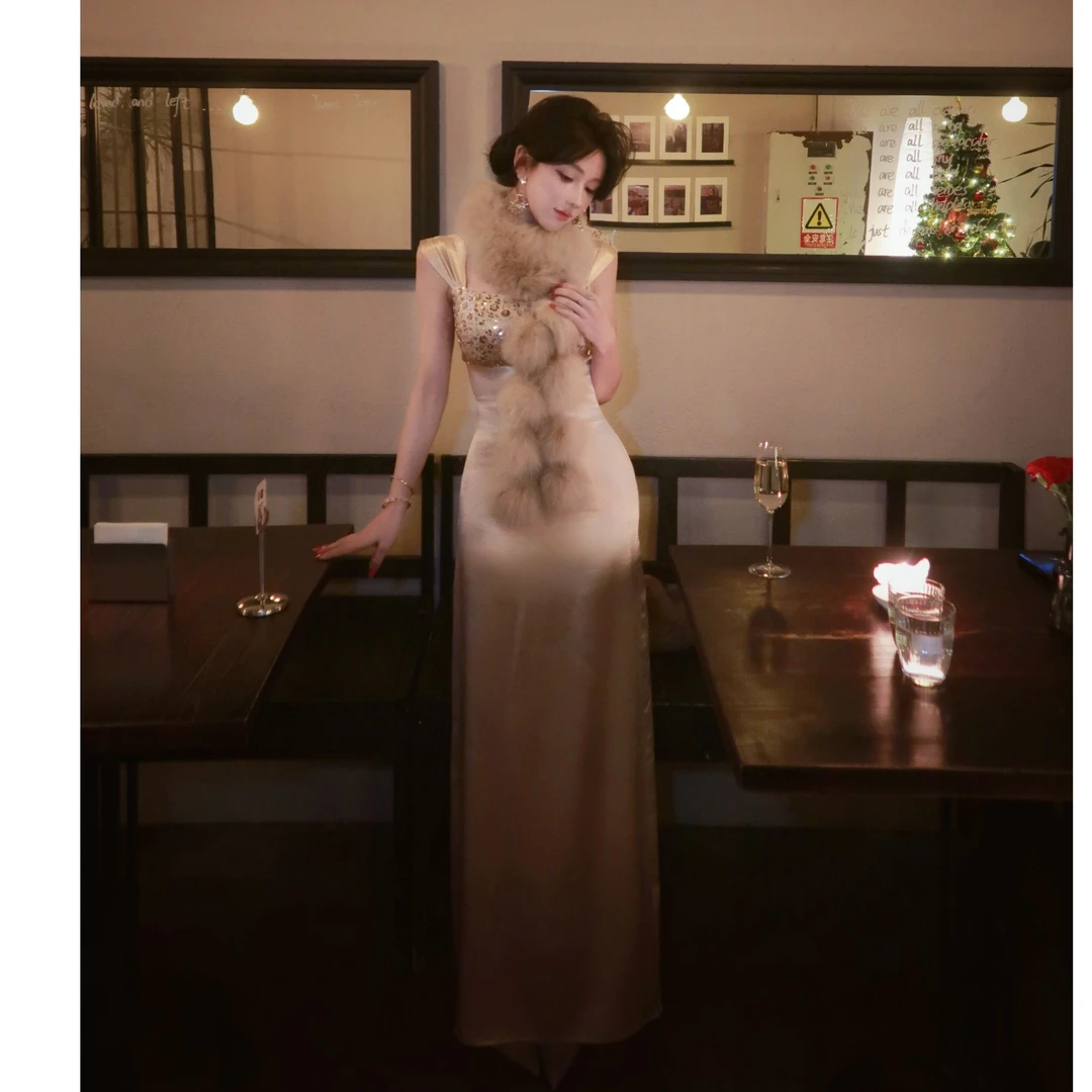 WW原创「鎏光晚裙」显瘦气质法式纯欲性感长款修身小众设计感连衣裙