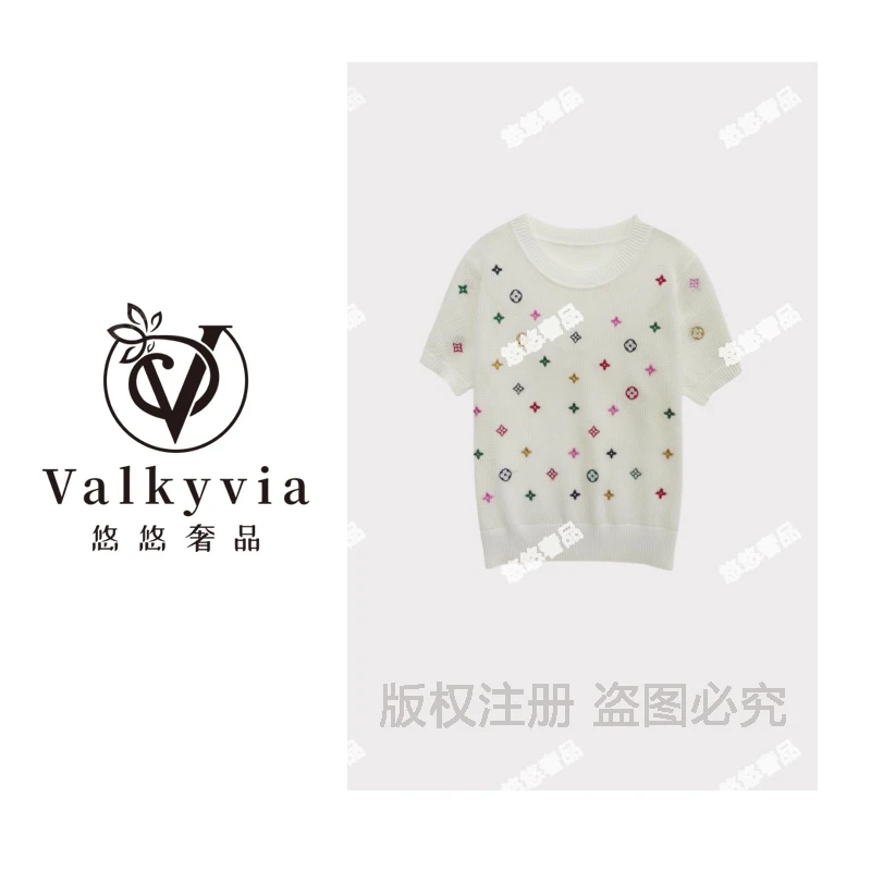 【Valkyvia/悠悠奢品】天丝亚麻时尚刺绣图案圆领短袖针织衫msl438