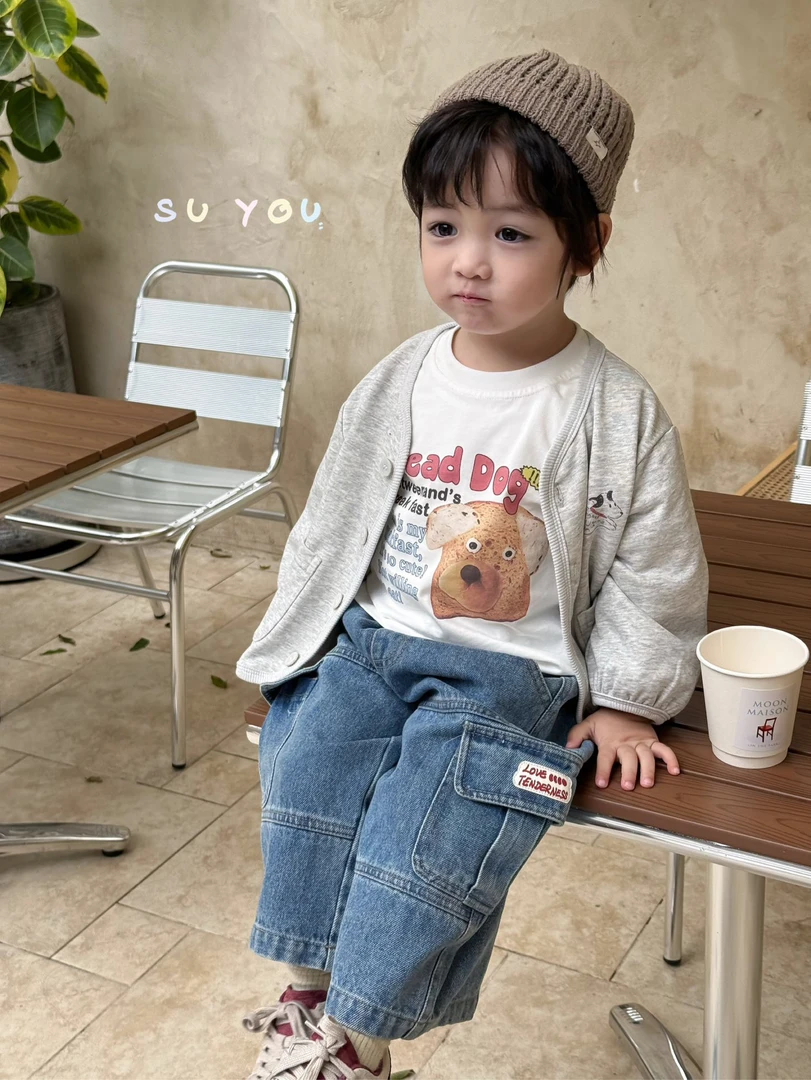 苏右25春新款男童小童韩版针织开衫外套假两件打底口袋宽松牛仔裤