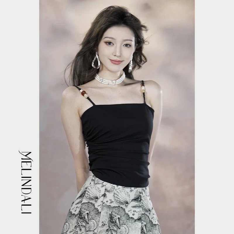 Melinda Li 【玉盘】24早春新款时髦设计感串珠抽褶吊带上衣