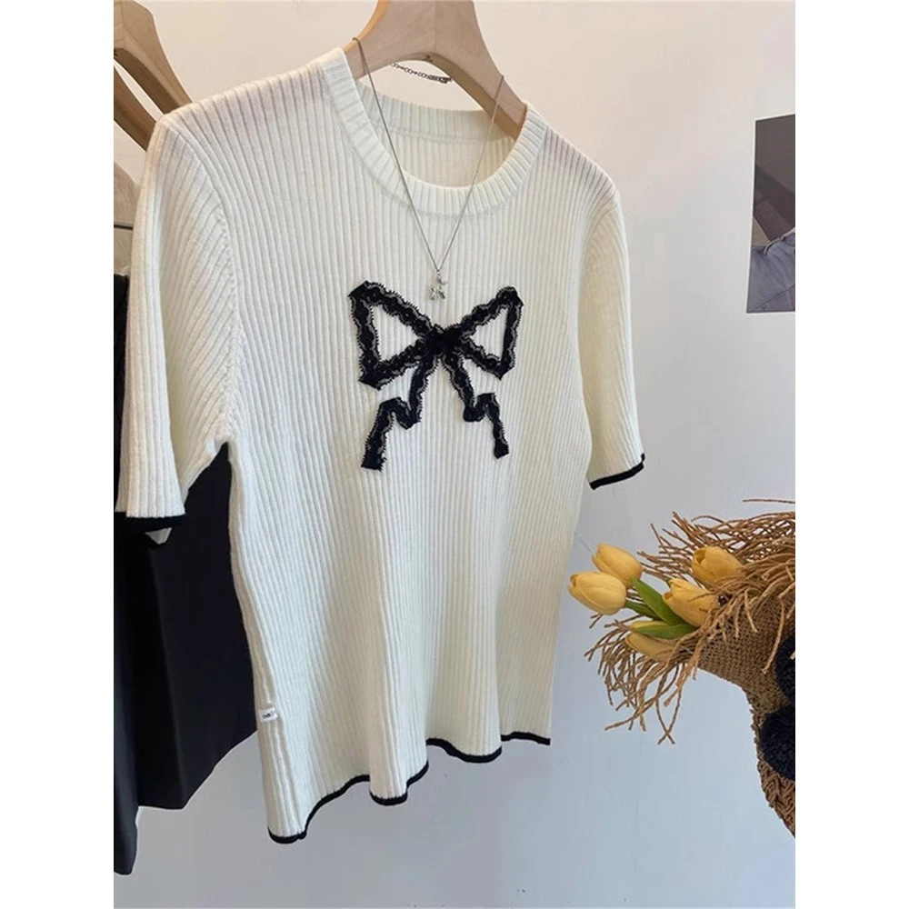 竖纹理短袖针织衫女蕾丝蝴蝶结打底T恤2025春夏新款圆领套头上衣