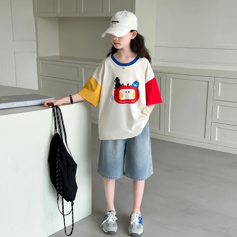 女童夏装套装2025新款中大童时髦洋气短袖儿童夏季牛仔短裤两件套