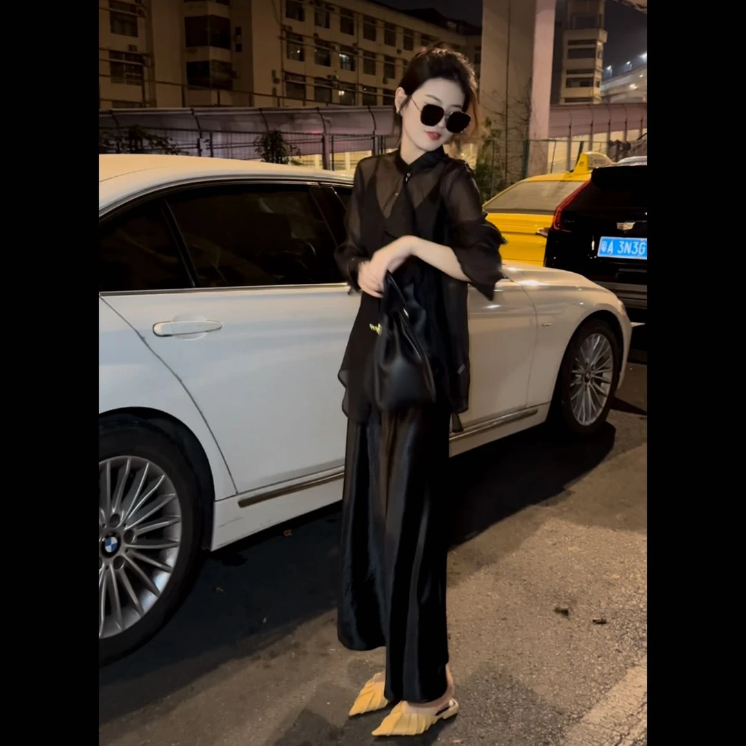 【JQW】气质显瘦高级感新中式设计感衬衣醋酸吊带鱼尾连衣裙套装