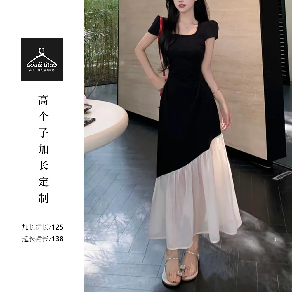 48H「邂逅优雅」高个子夏季赫本风法式撞色拼接收腰显瘦连衣裙