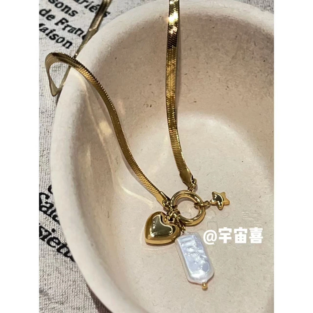 钛钢项链 J1-039【钛钢蛇骨爱心五角星异形贝珠可拆卸项链】金色