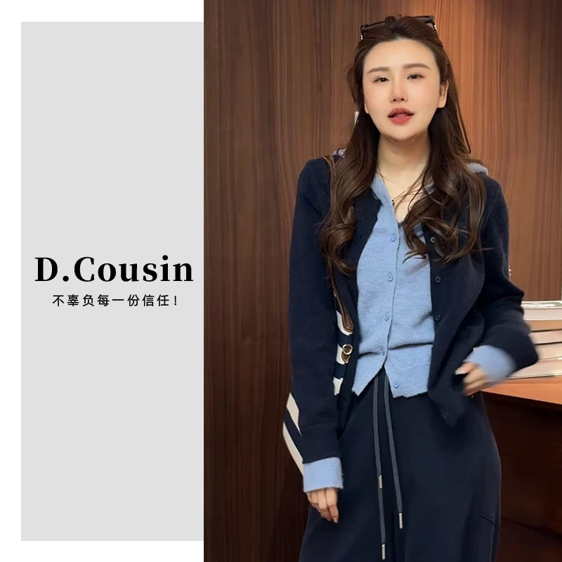 D.cousin 【撞色连帽假两件毛衣】百搭假两件撞色连帽针织毛衣 375