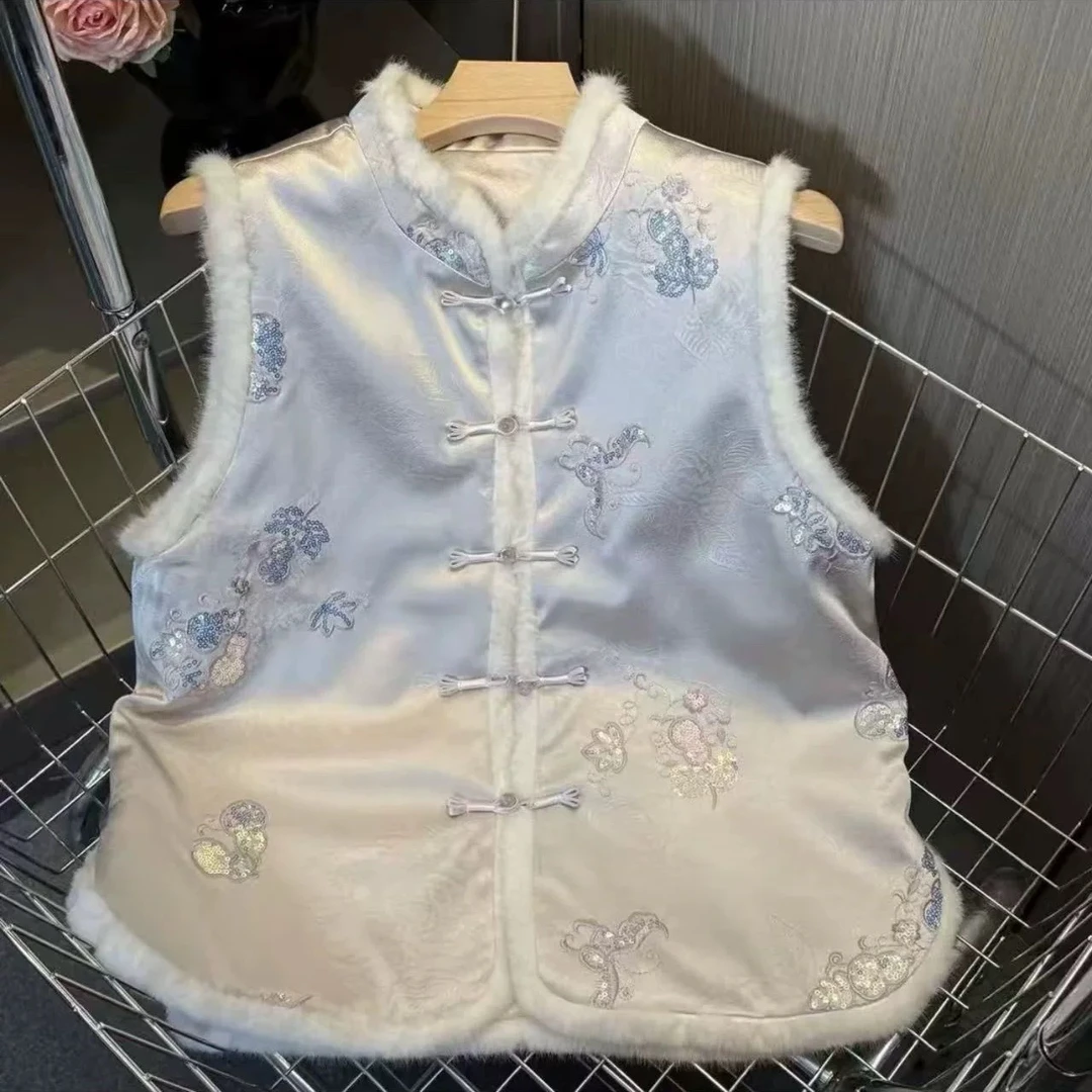 【蝶语】新中式国风刺绣水貂毛加厚款减龄百搭马甲