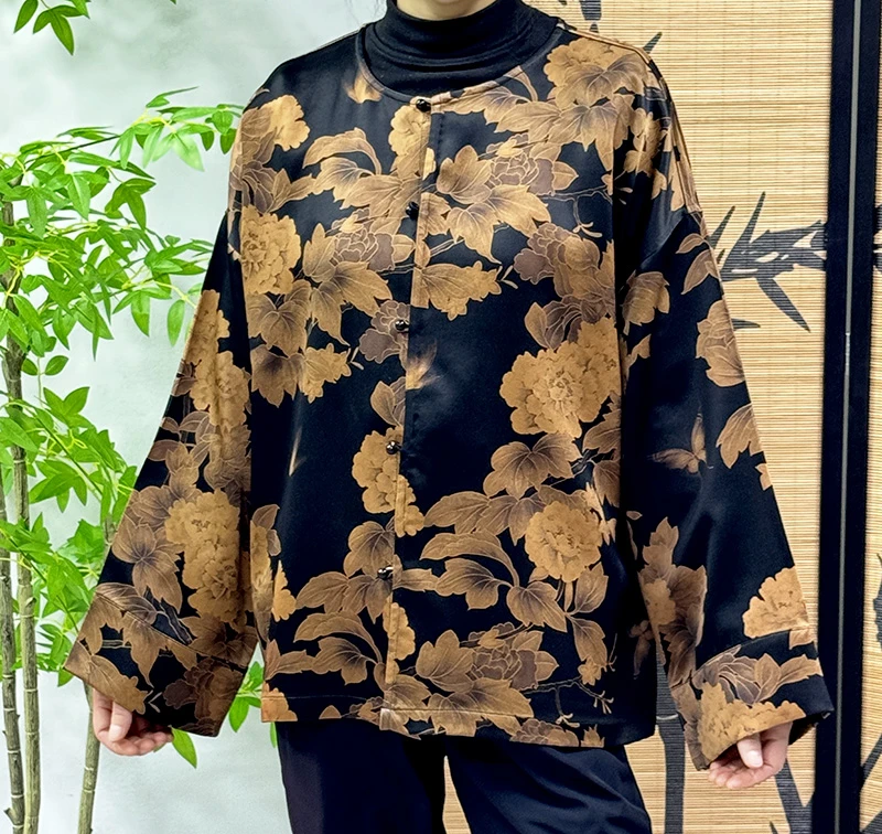 预锦丝韵100桑蚕丝60贵妇皮香云纱黑色繁花对襟外套长袖上衣
