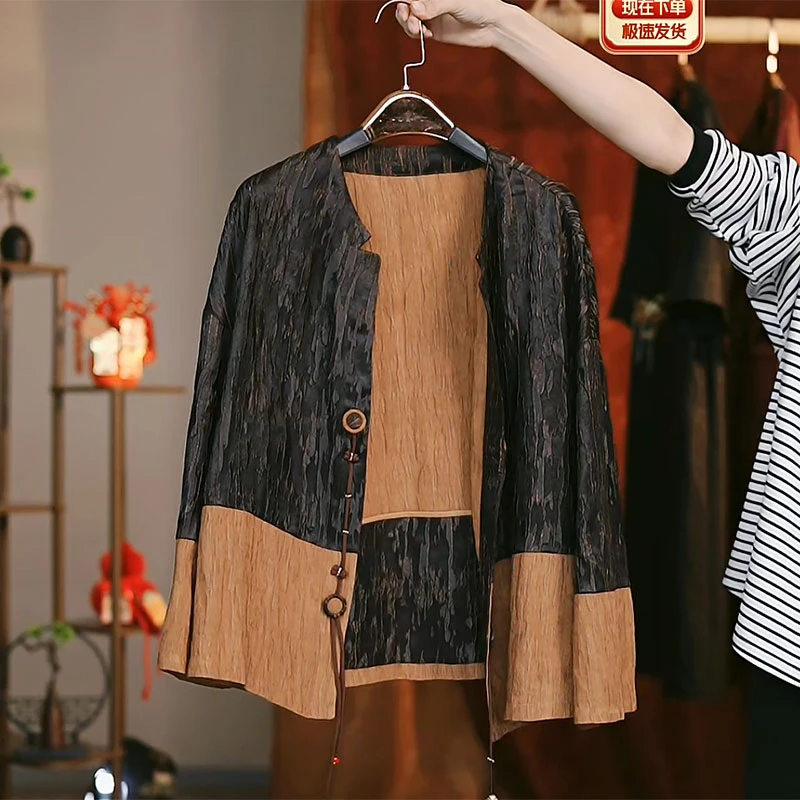 唐一【100%桑蚕丝】2025春季新款气质老料子古韵香云纱开衫外套上衣