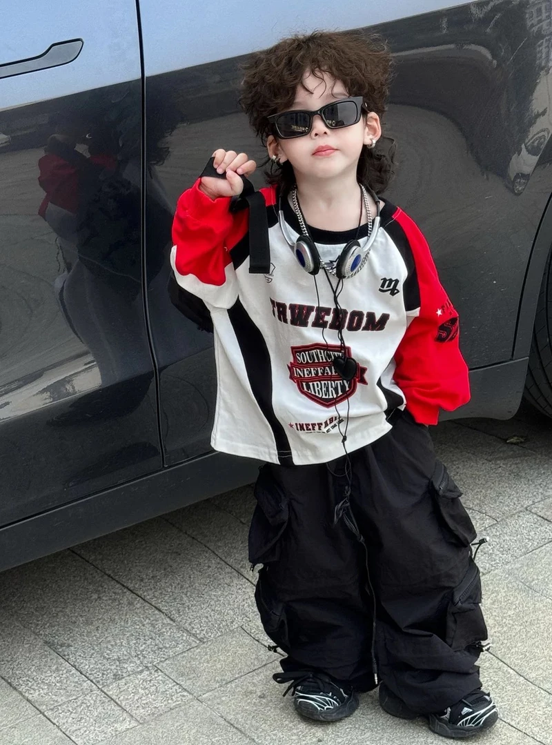 2025春秋纯棉男童机车T恤宽松韩版圆领儿童拼色套头休闲打底衫