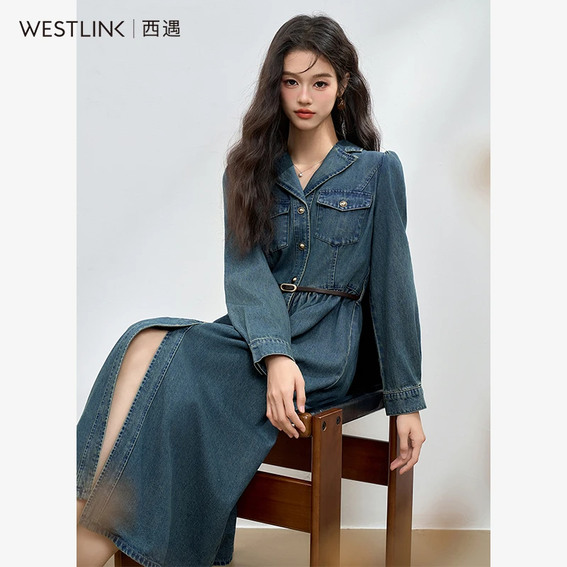 42394经典复古水洗牛仔连衣裙女2024秋季翻领长袖连衣裙衬衫裙