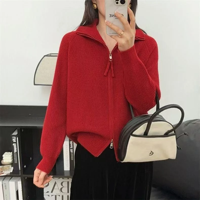 809.【红   双拉链加急加厚针织衫】高级感气质针织女毛衣