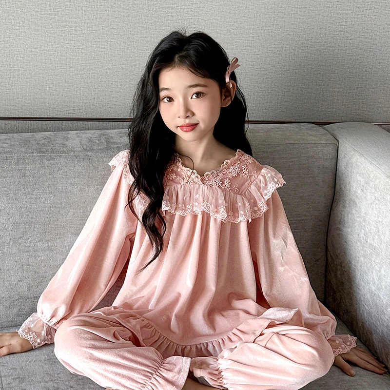 儿童秋款睡衣女童薄款套装中大童家居服春秋金丝绒两件套装空调服