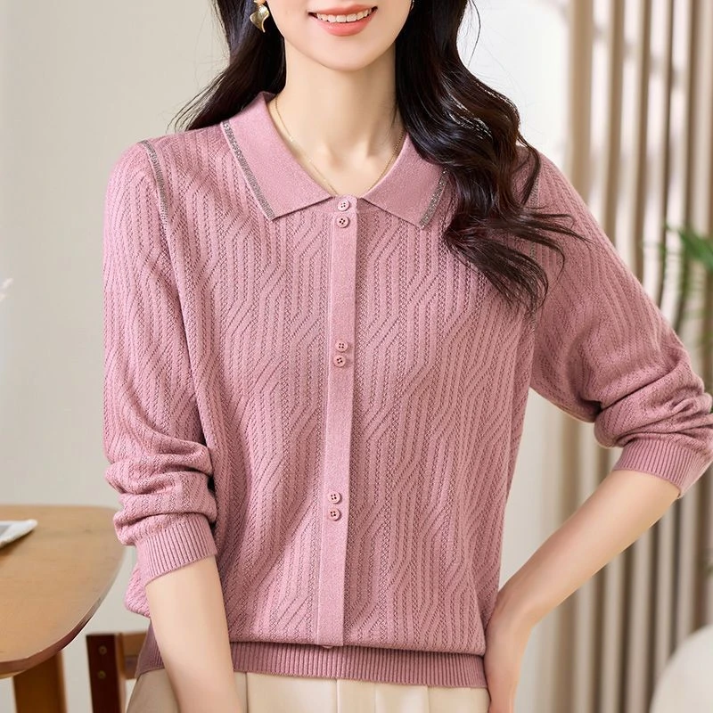 时尚中老年妈妈春秋新款翻领套头针织遮肉显瘦毛衣百搭长袖打底衫