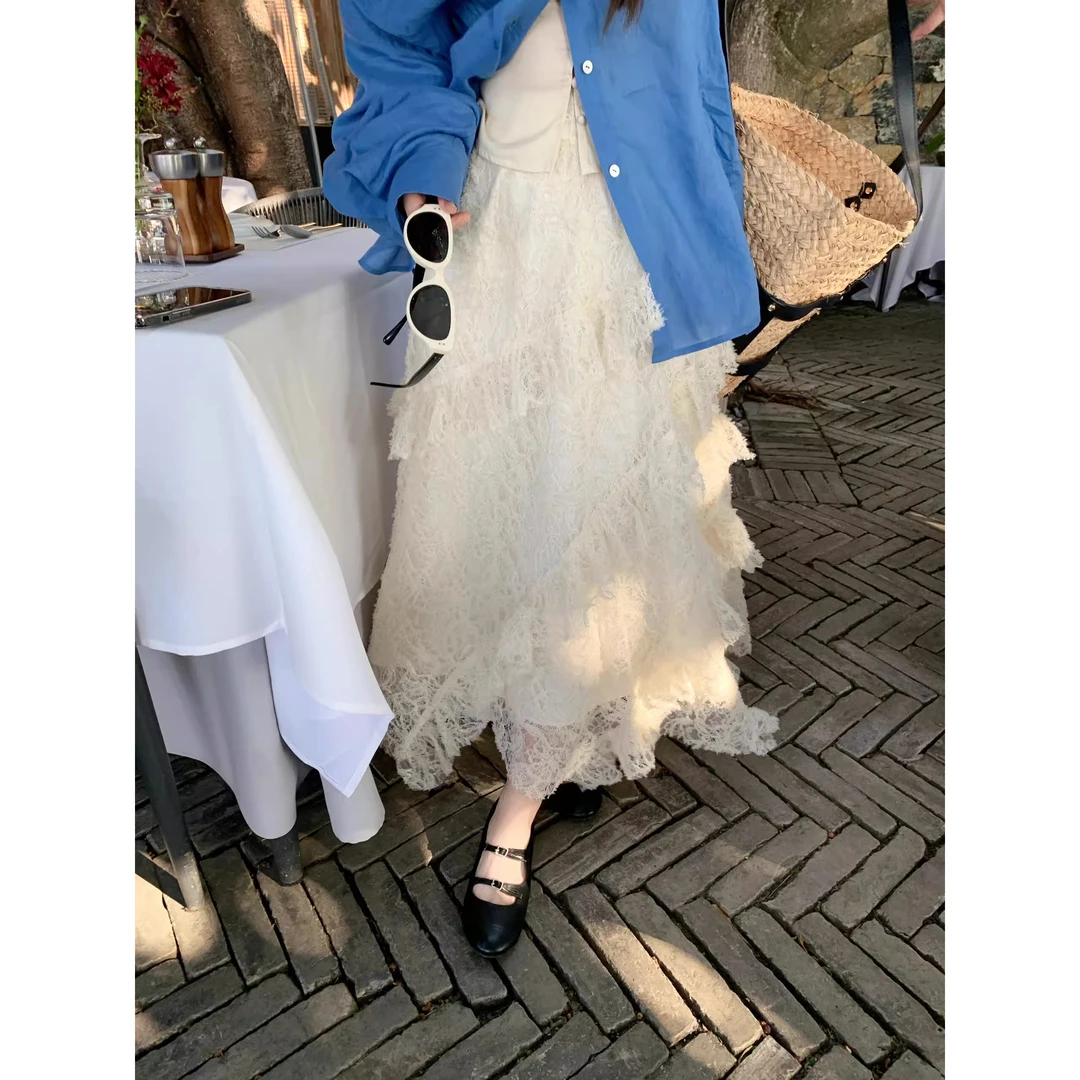 杏色不规则设计感蕾丝拼接高腰半身裙女夏季小个子小众网纱裙