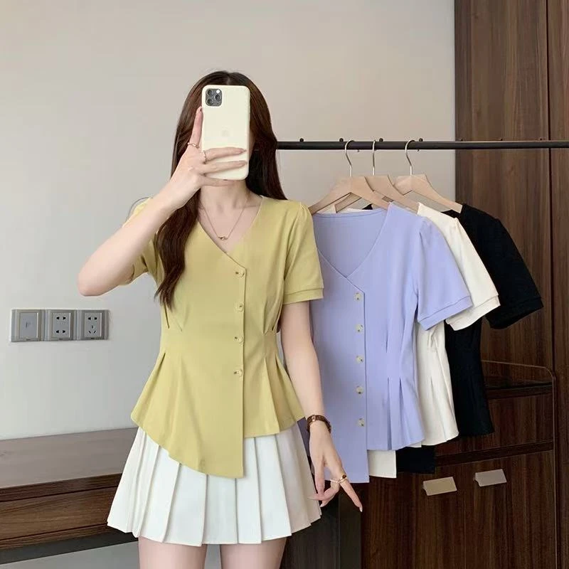 不规则收腰显瘦短袖T恤女2025夏季新款大码女装胖mm气质时尚百搭
