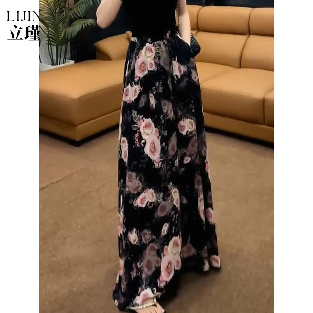 高腰玫瑰花朵印花细闪垂感半身裙女25年夏季新款宽松显瘦拖地长裙