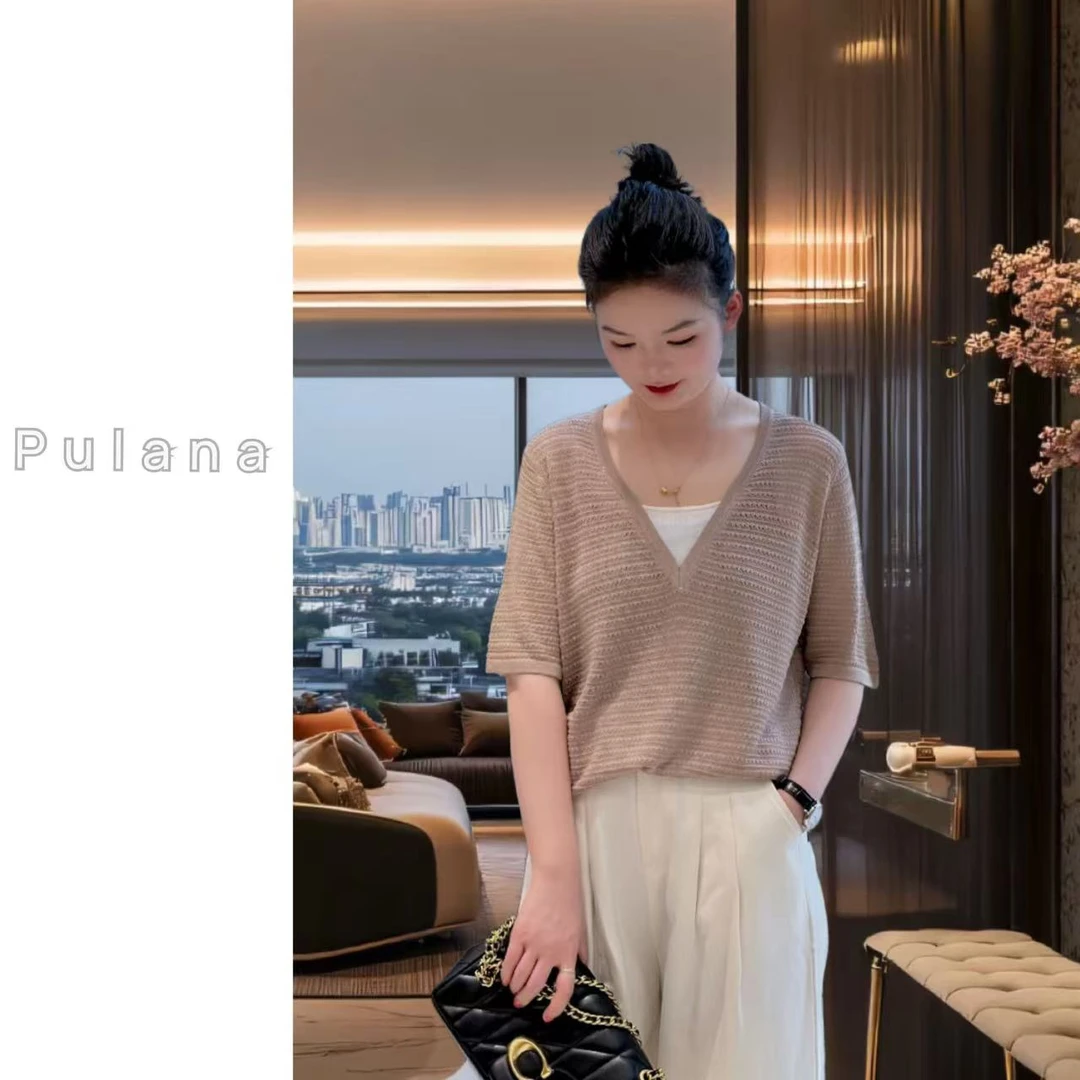 普拉那 746 设计师v领短袖夏季新款高级感圆领镂空假两件拼接上衣