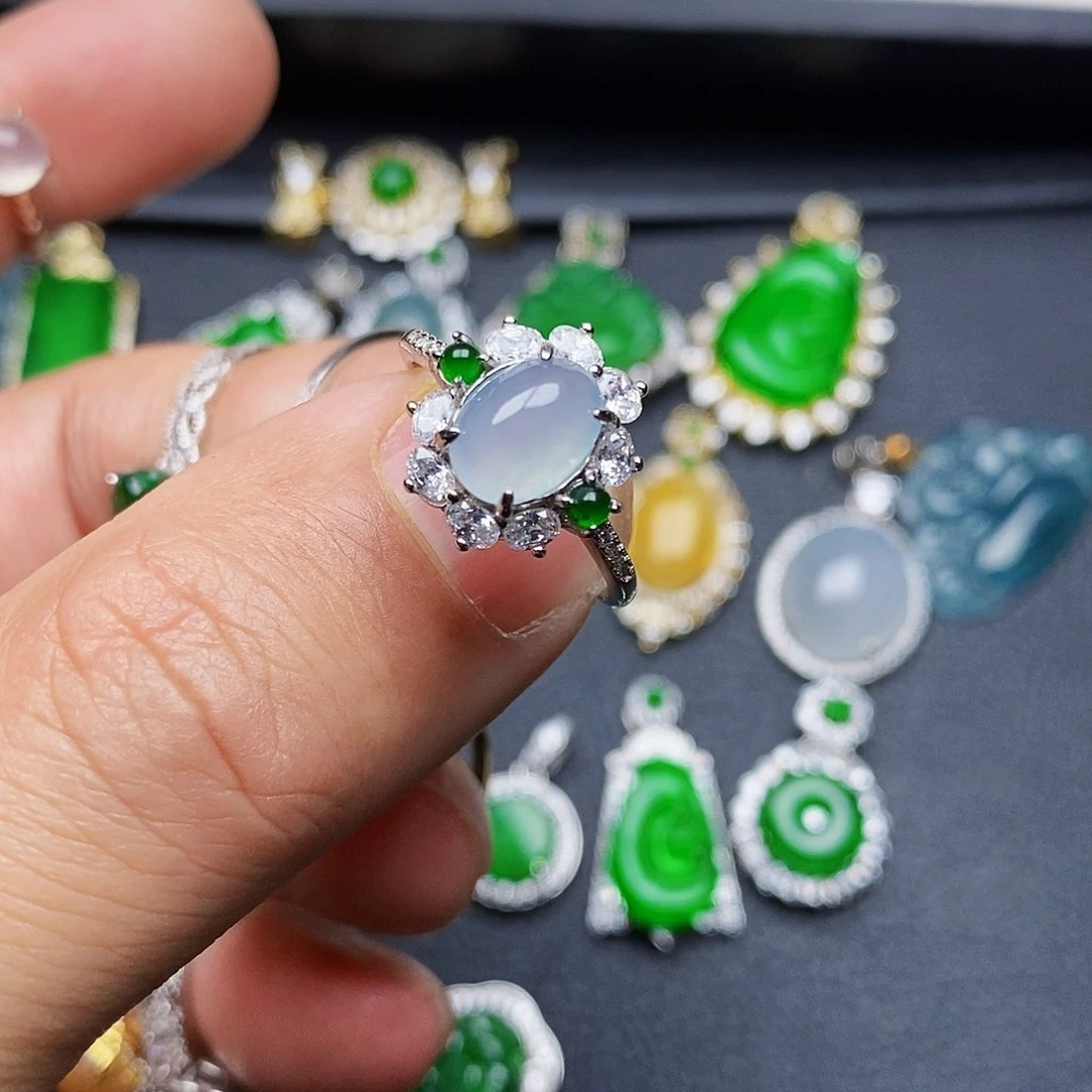 翡翠戒指银S925镶嵌戒指