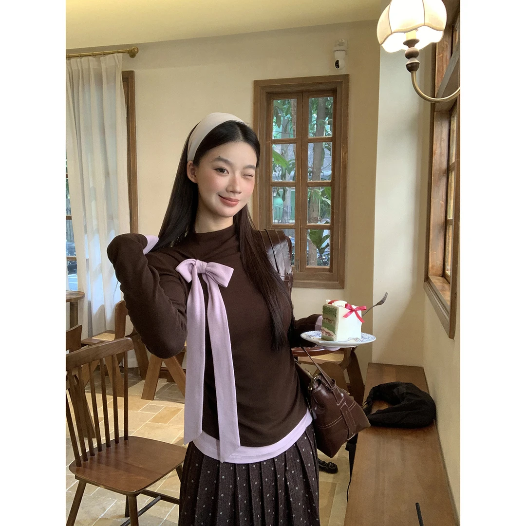 【冷棕紫】冬季ins设计感小众蝴蝶结别针撞色T恤253X4356#