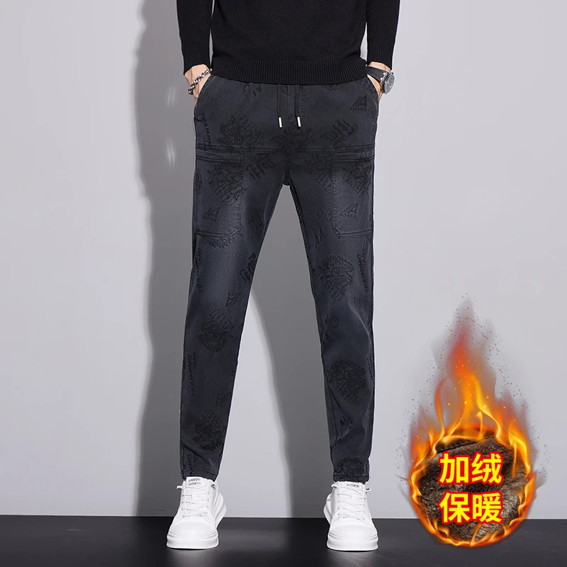 加绒冬季潮牌国潮风休闲裤男提花六兜弹力宽松直筒百搭大码男裤子