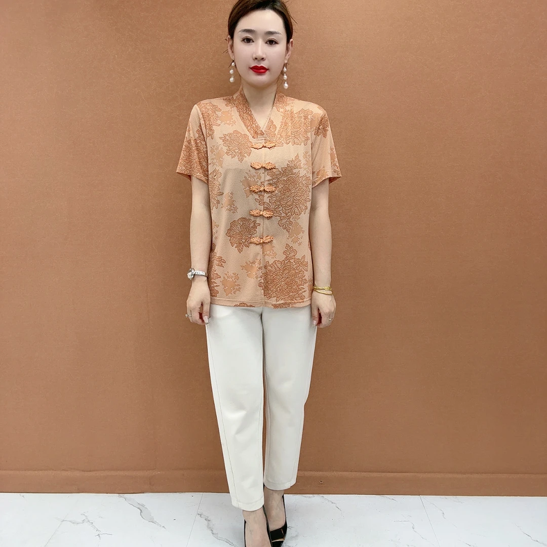 夏季新款V领休闲洋气风薄款常规中老年女装显瘦复古时尚小衫025