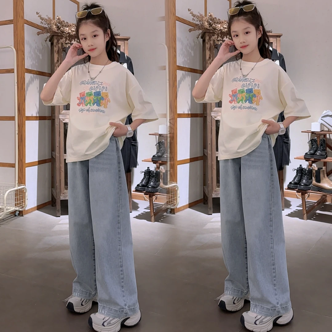 女童夏季卡通印花短袖牛仔裤套装2025新款女童6-15岁女孩